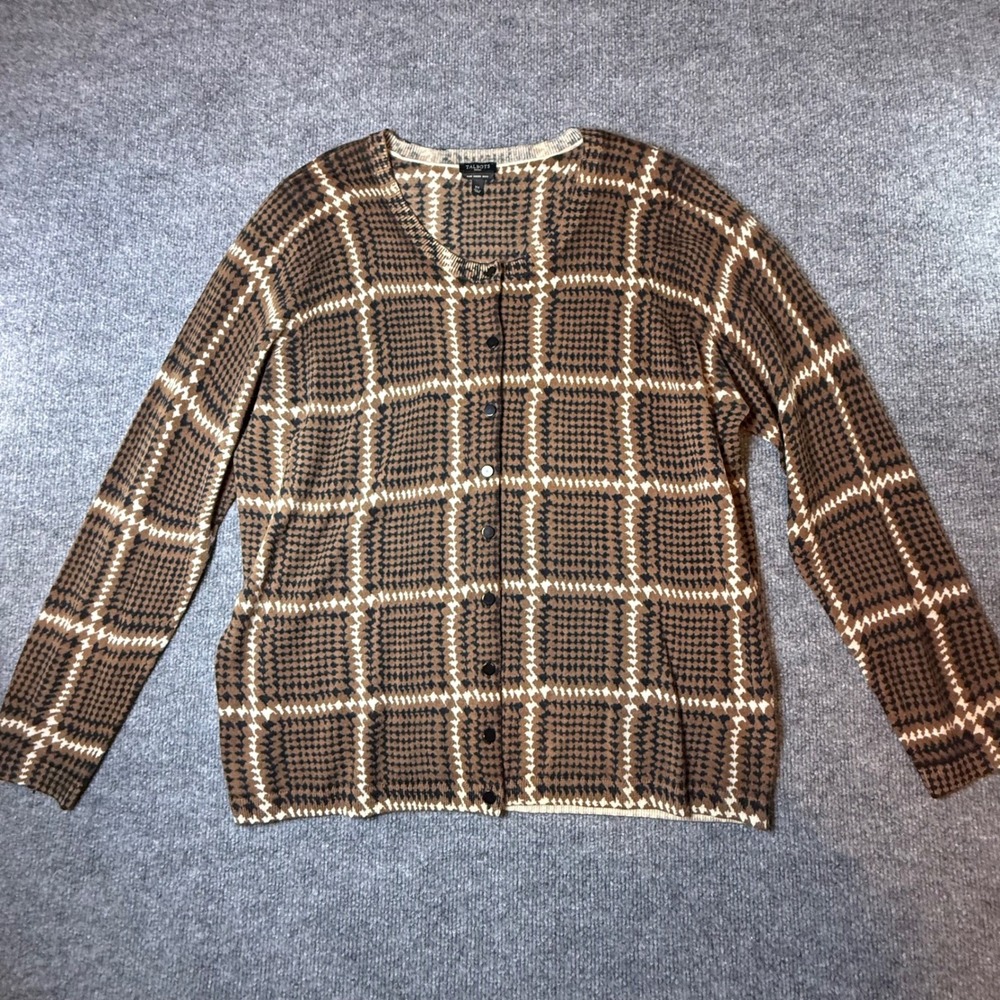 Talbots Woman Brown Grid Merino Wool Cardigan Sweater 2X Button Front Sweater